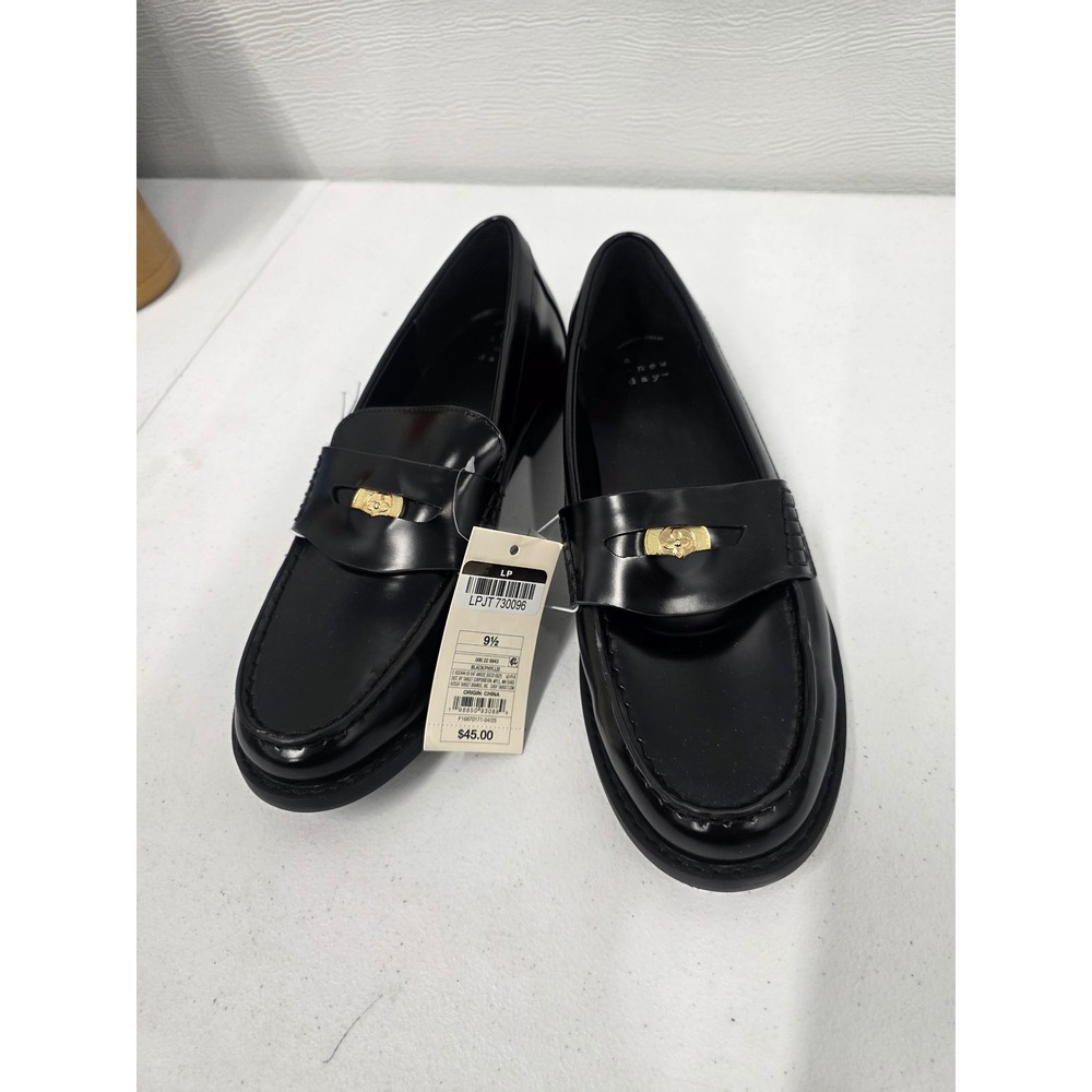 A New Day Womens Black Faux Leather Loafers Gold Hardware Slip On Shoes 9.5